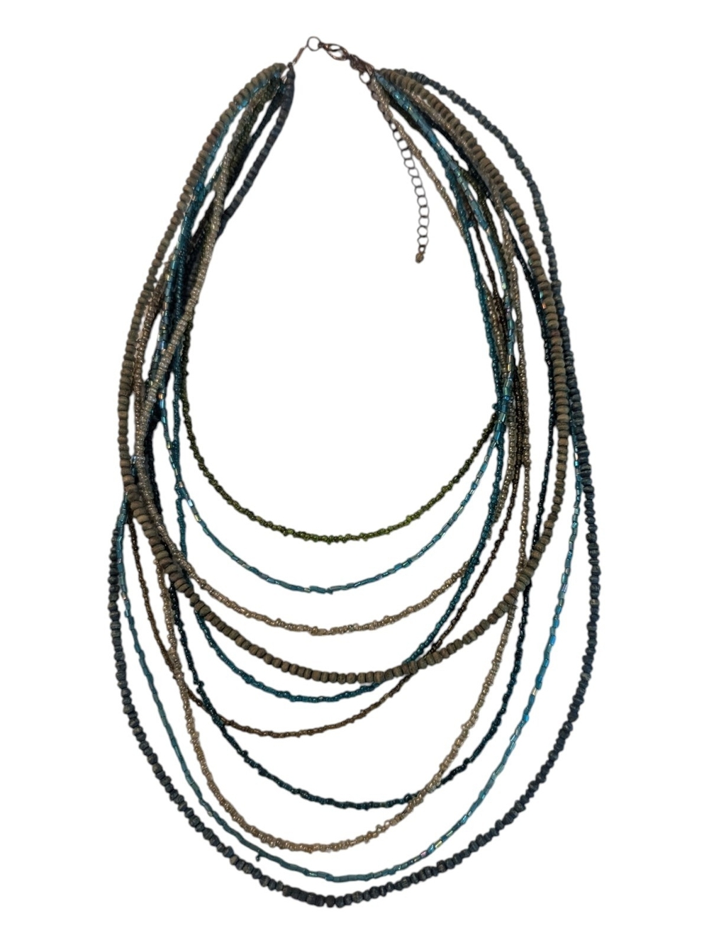 VTG Boho Aqua 10 Strand Seed Bead Layered Statement Bib Waterfall Adj. Necklace